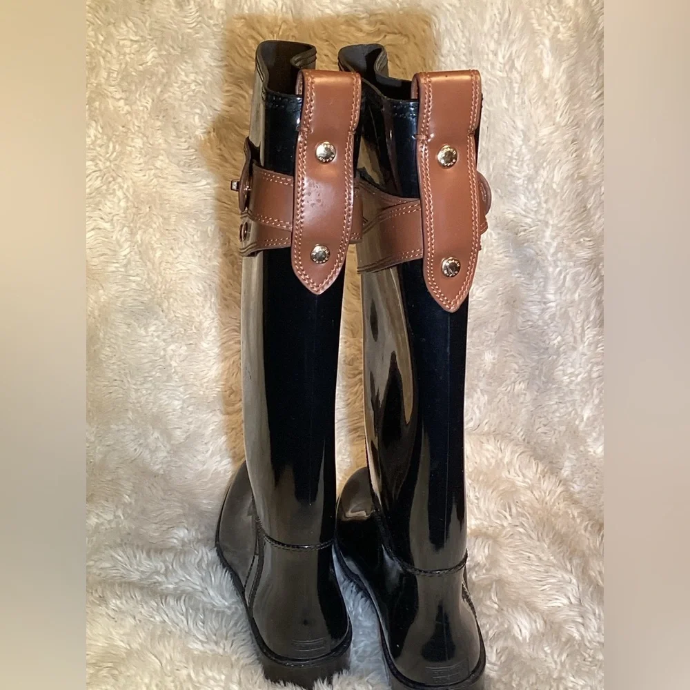 Coach Talia Black and Brown rubber Women's rain Boots size 8